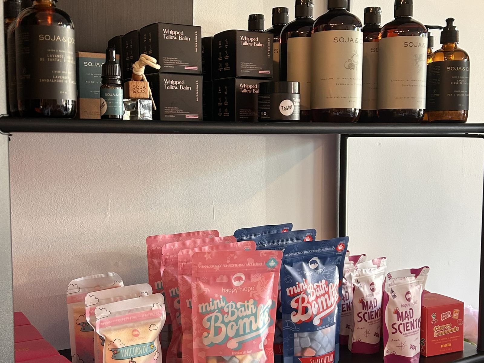 Canadian-made goods on the shelf — Soja & Co and Happy Hippo.